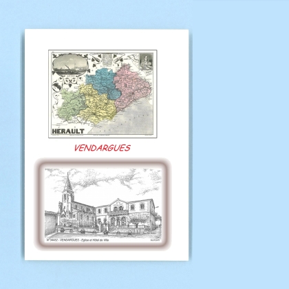 Cartes Postales impression Noir avec dpartement sur la ville de VENDARGUES Titre : eglise et hotel de ville
