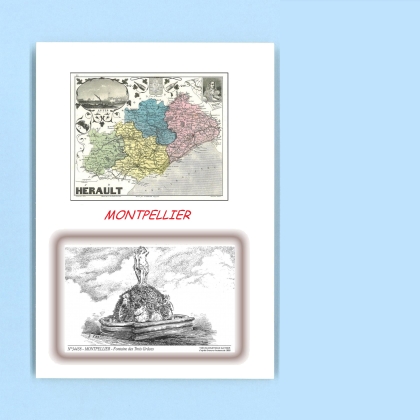 Cartes Postales impression Noir avec dpartement sur la ville de MONTPELLIER Titre : fontaine des trois graces