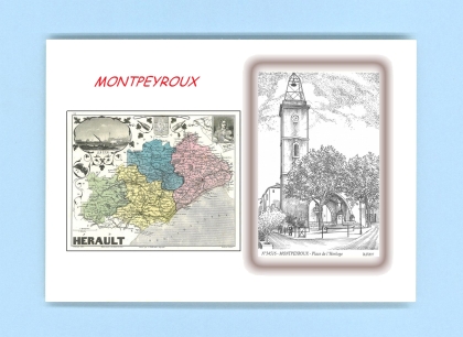 Cartes Postales impression Noir avec dpartement sur la ville de MONTPEYROUX Titre : place de l horloge