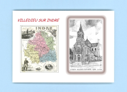 Cartes Postales impression Noir avec dpartement sur la ville de VILLEDIEU SUR INDRE Titre : eglise