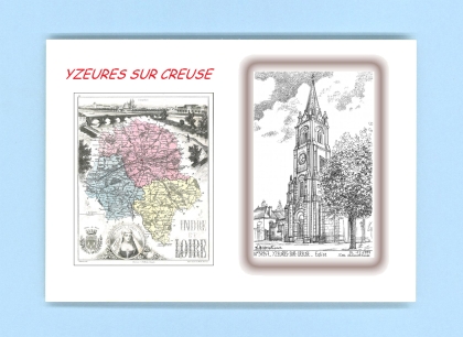 Cartes Postales impression Noir avec dpartement sur la ville de YZEURES SUR CREUSE Titre : eglise