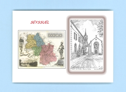 Cartes Postales impression Noir avec dpartement sur la ville de SEYSSUEL Titre : mairie et eglise
