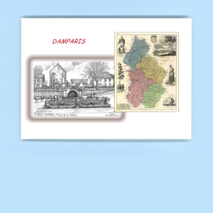 Cartes Postales impression Noir avec dpartement sur la ville de DAMPARIS Titre : place de la fontaine