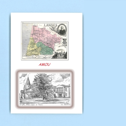 Cartes Postales impression Noir avec dpartement sur la ville de AMOU Titre : eglise et mairie