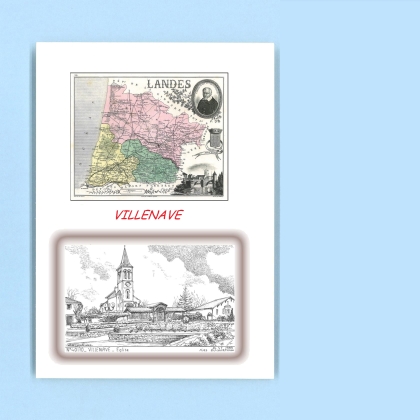Cartes Postales impression Noir avec dpartement sur la ville de VILLENAVE Titre : eglise