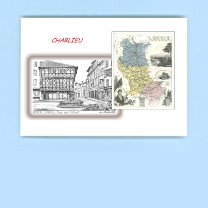 Cartes Postales impression Noir avec dpartement sur la ville de CHARLIEU Titre : place st philibert