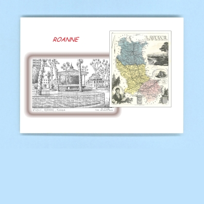 Cartes Postales impression Noir avec dpartement sur la ville de ROANNE Titre : kiosque