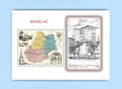 Cartes Postales impression Noir avec dpartement sur la ville de SOUILLAC Titre : place au puits