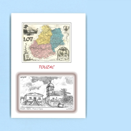 Cartes Postales impression Noir avec dpartement sur la ville de TOUZAC Titre : mairie et eglise