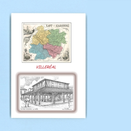Cartes Postales impression Noir avec dpartement sur la ville de VILLEREAL Titre : la halle