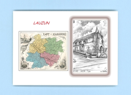 Cartes Postales impression Noir avec dpartement sur la ville de LAUZUN Titre : eglise