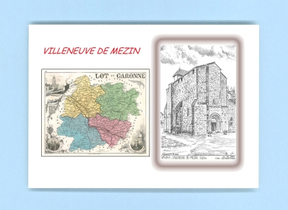 Cartes Postales impression Noir avec dpartement sur la ville de VILLENEUVE DE MEZIN Titre : eglise