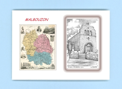 Cartes Postales impression Noir avec dpartement sur la ville de MALBOUZON Titre : eglise