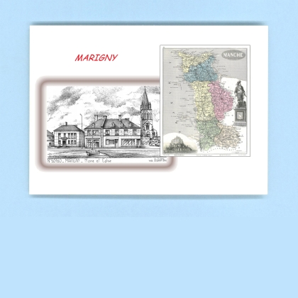 Cartes Postales impression Noir avec dpartement sur la ville de MARIGNY Titre : mairie et eglise