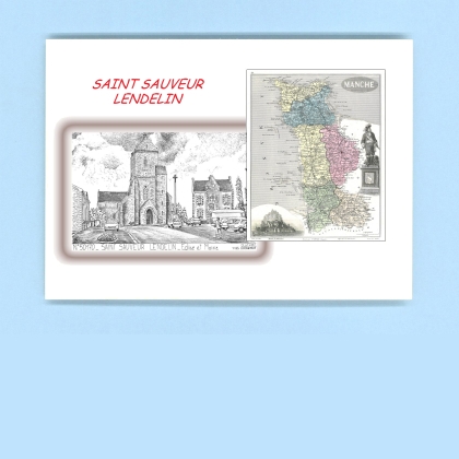 Cartes Postales impression Noir avec dpartement sur la ville de ST SAUVEUR LENDELIN Titre : eglise et mairie