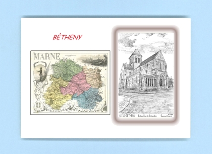 Cartes Postales impression Noir avec dpartement sur la ville de BETHENY Titre : eglise st sebastien