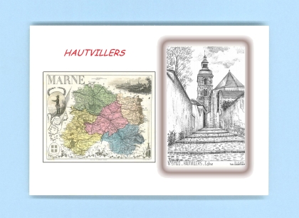 Cartes Postales impression Noir avec dpartement sur la ville de HAUTVILLERS Titre : eglise