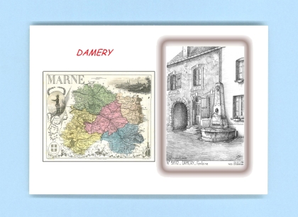 Cartes Postales impression Noir avec dpartement sur la ville de DAMERY Titre : fontaine