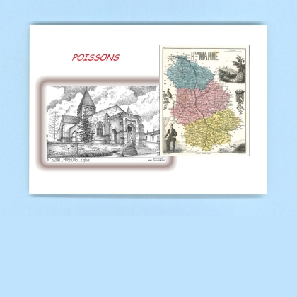 Cartes Postales impression Noir avec dpartement sur la ville de POISSONS Titre : eglise