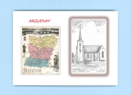 Cartes Postales impression Noir avec dpartement sur la ville de ARQUENAY Titre : eglise