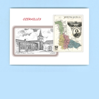 Cartes Postales impression Noir avec dpartement sur la ville de OZERAILLES Titre : mairie et eglise