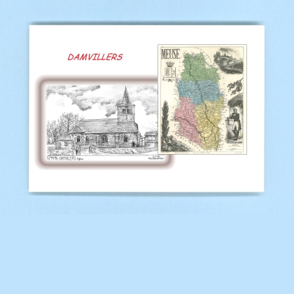 Cartes Postales impression Noir avec dpartement sur la ville de DAMVILLERS Titre : eglise