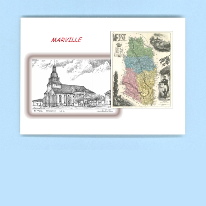 Cartes Postales impression Noir avec dpartement sur la ville de MARVILLE Titre : eglise