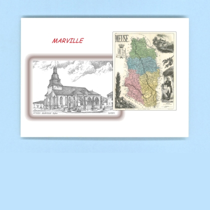 Cartes Postales impression Noir avec dpartement sur la ville de MARVILLE Titre : eglise