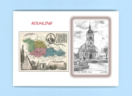 Cartes Postales impression Noir avec dpartement sur la ville de ROUHLING Titre : eglise