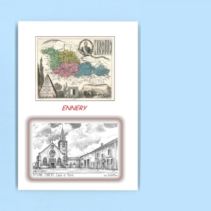 Cartes Postales impression Noir avec dpartement sur la ville de ENNERY Titre : eglise et mairie