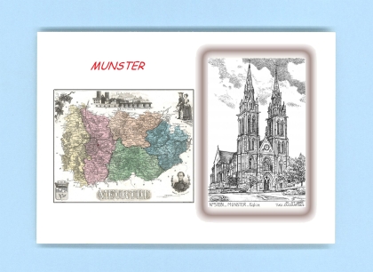 Cartes Postales impression Noir avec dpartement sur la ville de MUNSTER Titre : eglise