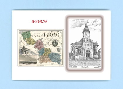 Cartes Postales impression Noir avec dpartement sur la ville de WAVRIN Titre : hotel de ville