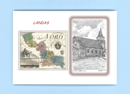 Cartes Postales impression Noir avec dpartement sur la ville de LANDAS Titre : eglise