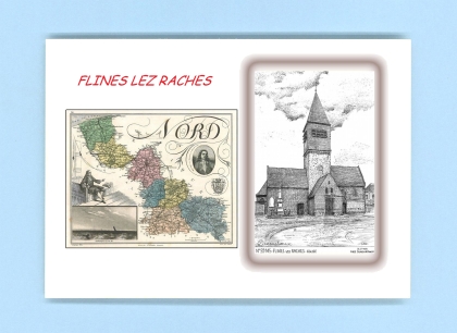 Cartes Postales impression Noir avec dpartement sur la ville de FLINES LEZ RACHES Titre : eglise