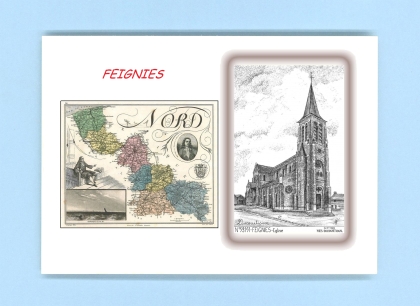 Cartes Postales impression Noir avec dpartement sur la ville de FEIGNIES Titre : eglise