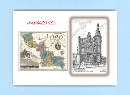 Cartes Postales impression Noir avec dpartement sur la ville de WAMBRECHIES Titre : hotel de ville