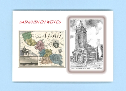 Cartes Postales impression Noir avec dpartement sur la ville de SAINGHIN EN WEPPES Titre : eglise
