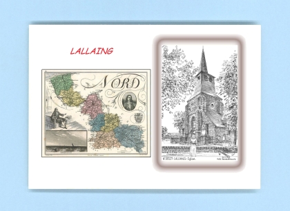 Cartes Postales impression Noir avec dpartement sur la ville de LALLAING Titre : eglise