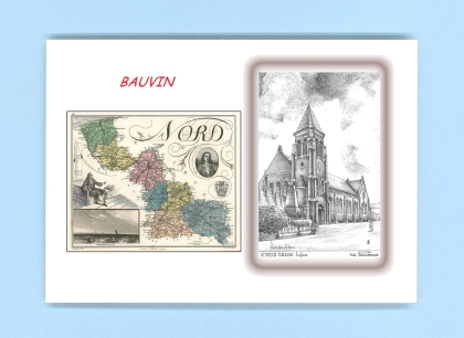 Cartes Postales impression Noir avec dpartement sur la ville de BAUVIN Titre : eglise