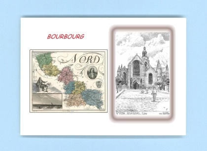 Cartes Postales impression Noir avec dpartement sur la ville de BOURBOURG Titre : eglise