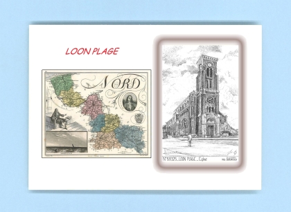 Cartes Postales impression Noir avec dpartement sur la ville de LOON PLAGE Titre : eglise