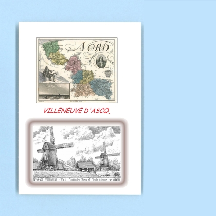 Cartes Postales impression Noir avec dpartement sur la ville de VILLENEUVE D ASCQ Titre : moulin des olieux et moulin a