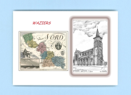 Cartes Postales impression Noir avec dpartement sur la ville de WAZIERS Titre : eglise
