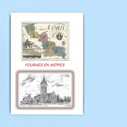 Cartes Postales impression Noir avec dpartement sur la ville de FOURNES EN WEPPES Titre : eglise
