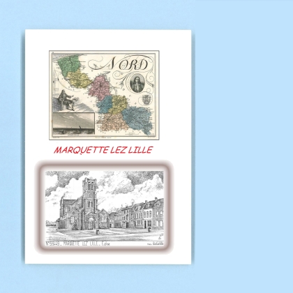 Cartes Postales impression Noir avec dpartement sur la ville de MARQUETTE LEZ LILLE Titre : eglise