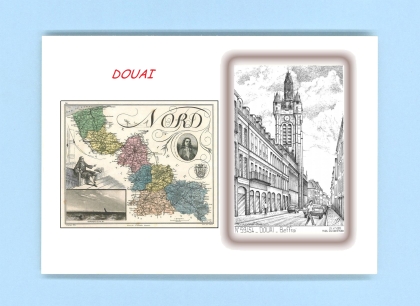 Cartes Postales impression Noir avec dpartement sur la ville de DOUAI Titre : beffroi