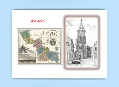 Cartes Postales impression Noir avec dpartement sur la ville de WAVRIN Titre : eglise