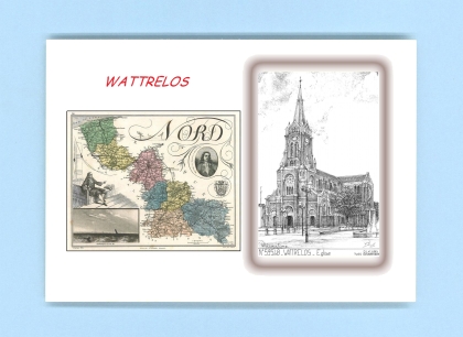 Cartes Postales impression Noir avec dpartement sur la ville de WATTRELOS Titre : eglise