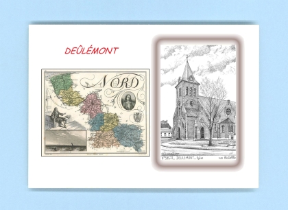Cartes Postales impression Noir avec dpartement sur la ville de DEULEMONT Titre : eglise