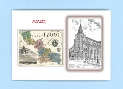 Cartes Postales impression Noir avec dpartement sur la ville de RONCQ Titre : eglise